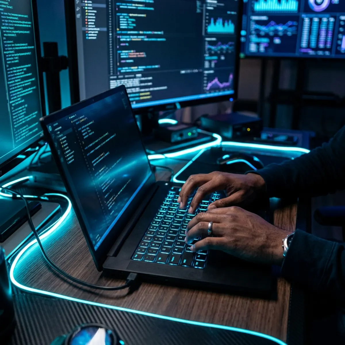 Developer hands typing on computer workstation